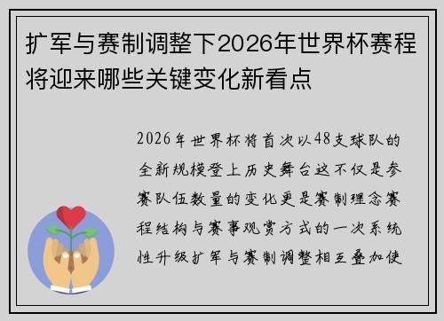扩军与赛制调整下2026年世界杯赛程将迎来哪些关键变化新看点 扩军与赛制调整下2026年世界杯赛程将迎来哪些关键变化新看点